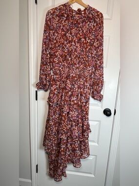ARULA Rust Floral Tiered Long-Sleeve Maxi Dress with Pink Accents
